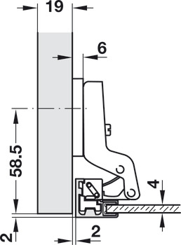 Zawias puszkowy, Häfele Metallamat A, drzwi wpuszczane, kąt otwarcia 110°
