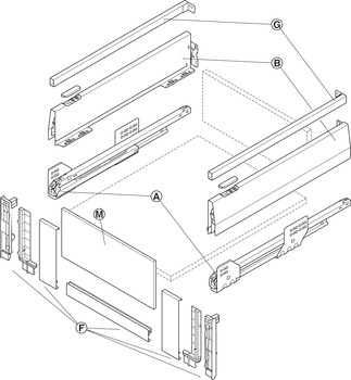 szuflada wewnętrzna komplet, Häfele Matrix Box P35 VIS, z frontem wewnętrznym i relingiem wzdłużnym prostokątnym, wysokość boków 115 mm, udźwig 35 kg