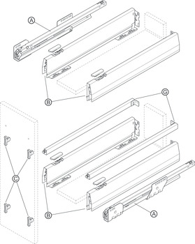 zestaw wysuwek do szafek dolnych, Häfele Matrix Box P, z relingiem wzdłużnym prostokątnym, wysokość boków 92 mm, udźwig 35 kg