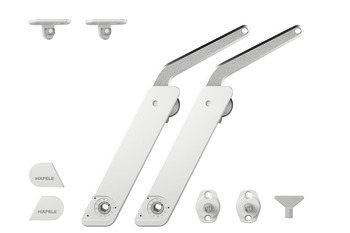 Okucie do klapy jednoczęściowej podnoszonej, Häfele Free Flap H 1.5 – tworzywo sztuczne z metalowym ramieniem nośnym, zestaw 2-elementowy do zastosowania obustronnego