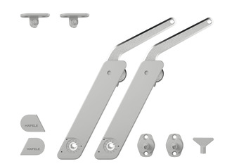 Okucie do klapy jednoczęściowej podnoszonej, Häfele Free Flap H 1.5 – tworzywo sztuczne z metalowym ramieniem nośnym, zestaw 2-elementowy do zastosowania obustronnego