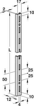 szyna ścienna typu U, z 1-rzędowym układem otworów